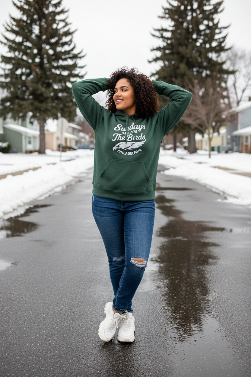 woman wearing green philly hoodie for football game day in philadelphia