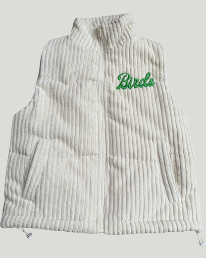 Womens Embroidered Birds Corduroy Puffer Vest