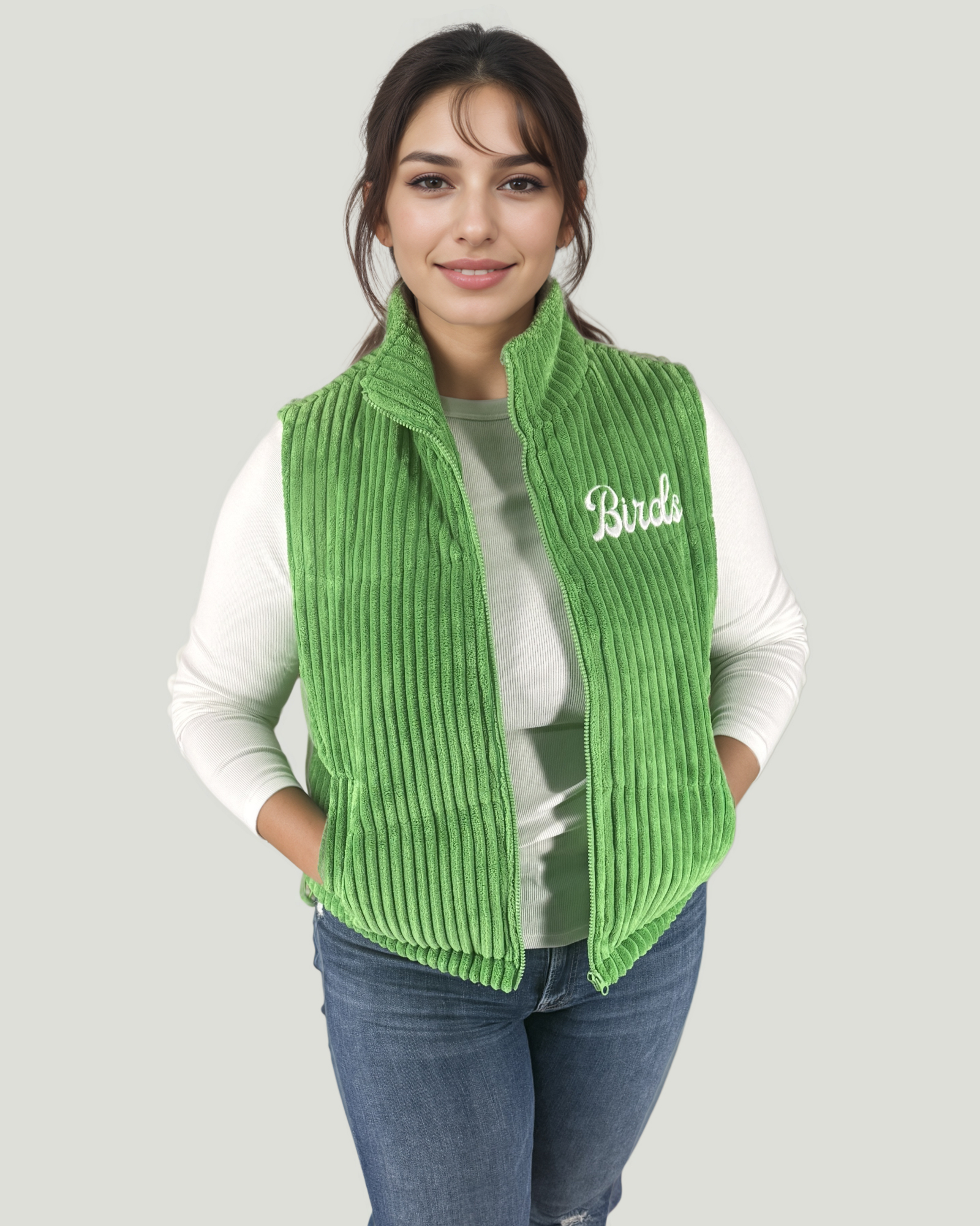 Womens Embroidered Birds Corduroy Puffer Vest