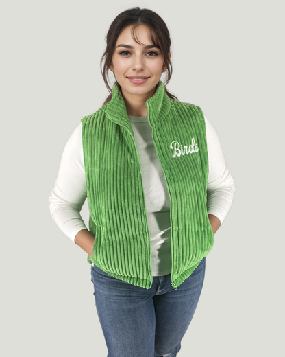 Womens Embroidered Birds Corduroy Puffer Vest