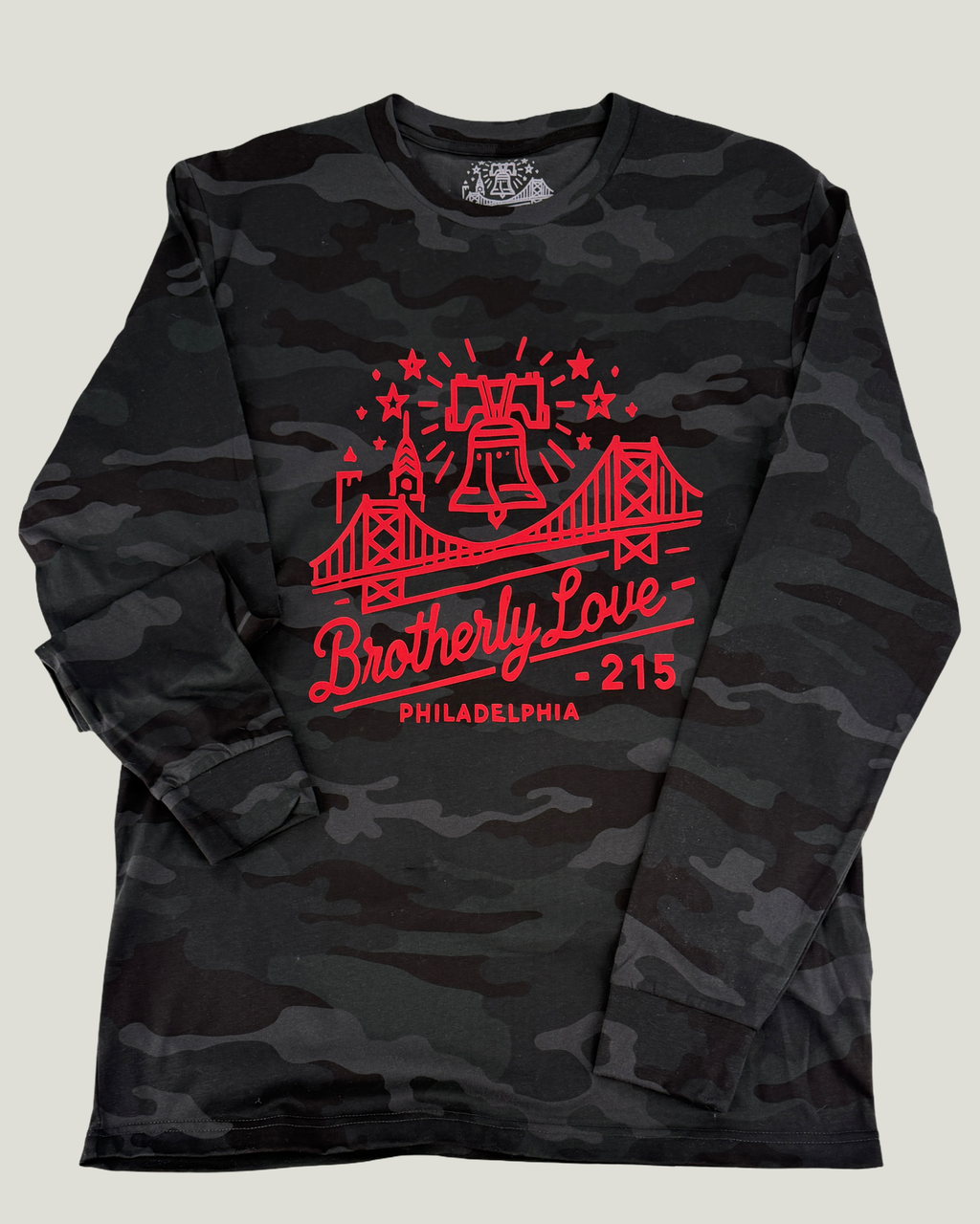 Philadelphia Cityscape Long Sleeve Shirt with Liberty Bell and bridge graphic in red on black camo fabric