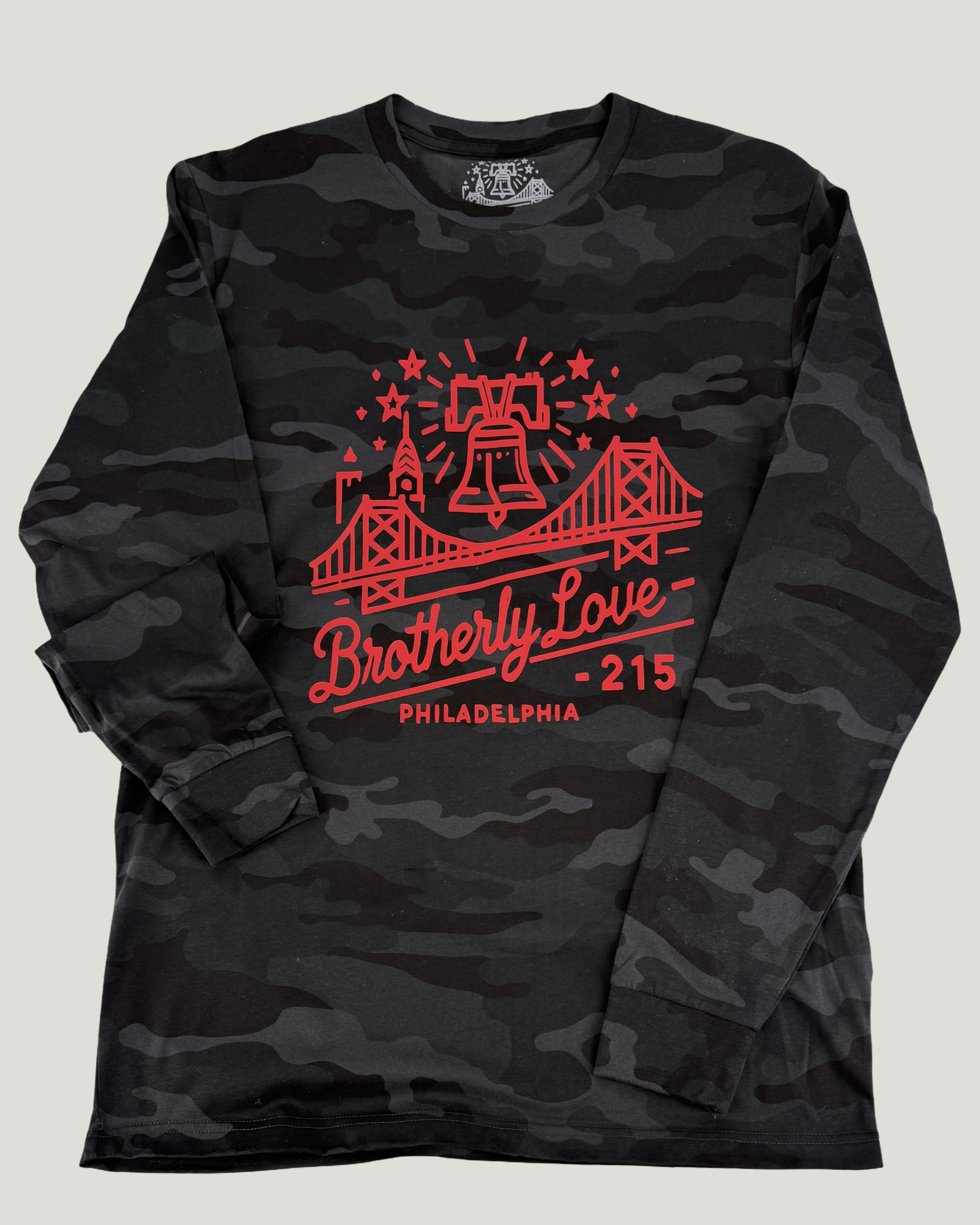 Philadelphia Cityscape Long Sleeve Shirt with Liberty Bell and bridge graphic in red on black camo fabric