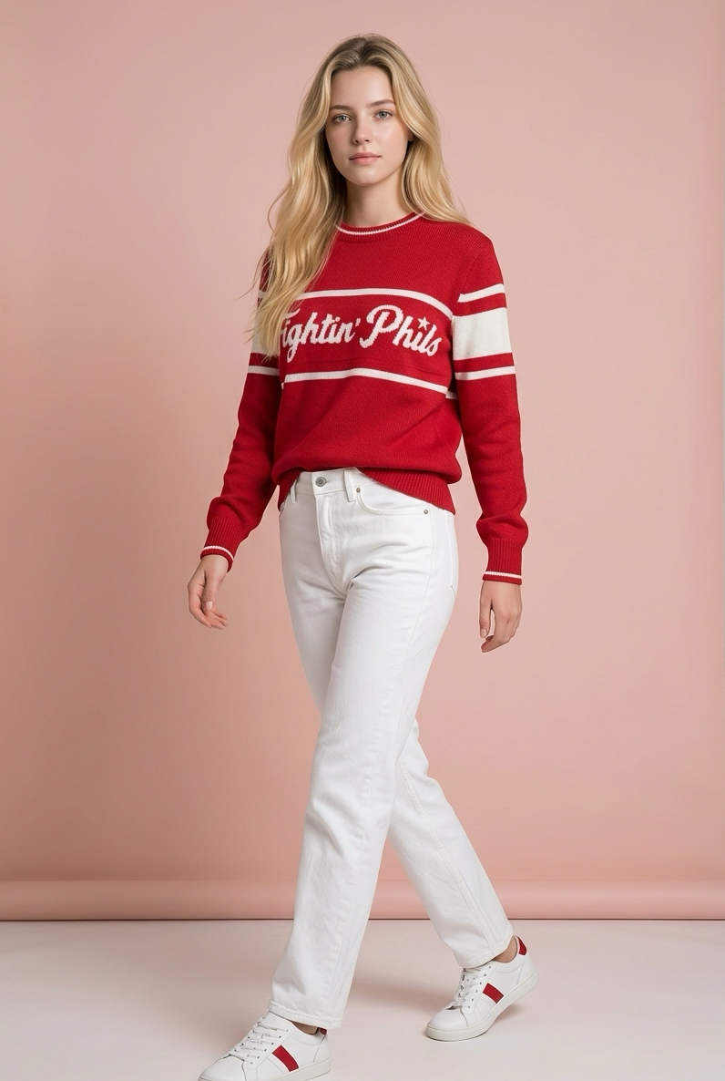 Woman wearing a red and white striped sweater with 'Fightin' Phils' text, white pants, and white sneakers on a pink background.